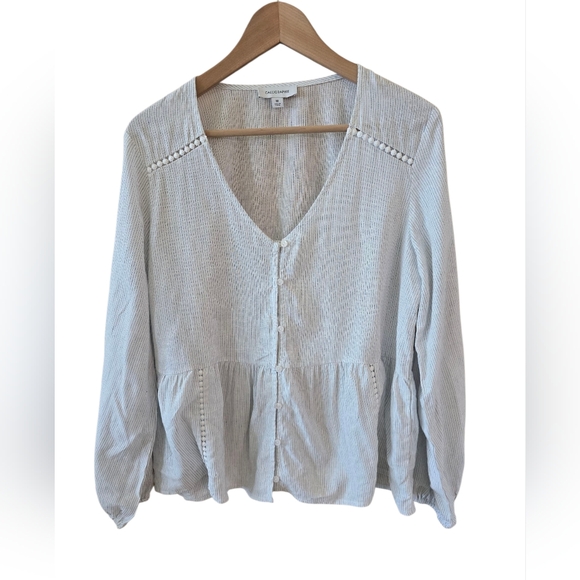 Calligraphie Tops - Calligraphie Blouse Sz M Linen Blend Women's Light Gray V-Neck Long Sleeve